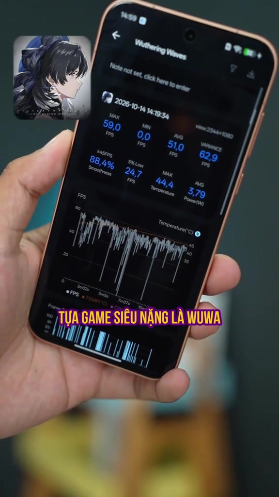 Bảng thống kê fps của game Wuthering Waves trên OnePlus 16: trung bình 51 fps, nhiệt độ tối đa 44,4 độ C