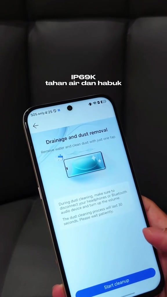 Skrin Honor 600S memaparkan fungsi Drainage and dust removal untuk mengeluarkan air dan habuk daripada speaker