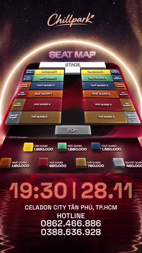Giá vé concert Dạ Quang của Jack 28/11/2026 tại Celadon City: bảy hạng 480.000–1.980.000 đồng và sơ đồ chỗ ngồi