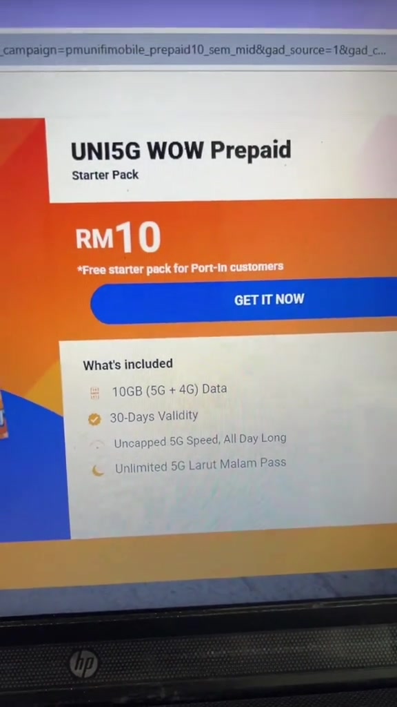 Skrin laman rasmi unifi Mobile menunjukkan starter pack UNI5G WOW harga RM10 dengan 10GB data 30 hari dan percuma untuk pelanggan port-in