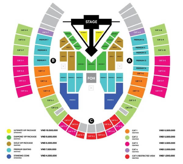 Sơ đồ chỗ ngồi concert BIGBANG tại Sân vận động Quốc gia Mỹ Đình kèm bảng chú giải mười hạng vé, giá từ 1.000.000 đến 10.500.000 đồng