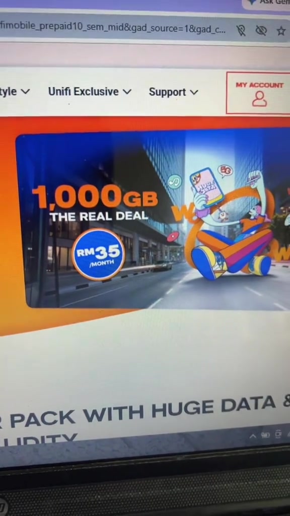 Banner laman rasmi unifi Mobile memaparkan tawaran 1,000GB data pada harga RM35 sebulan