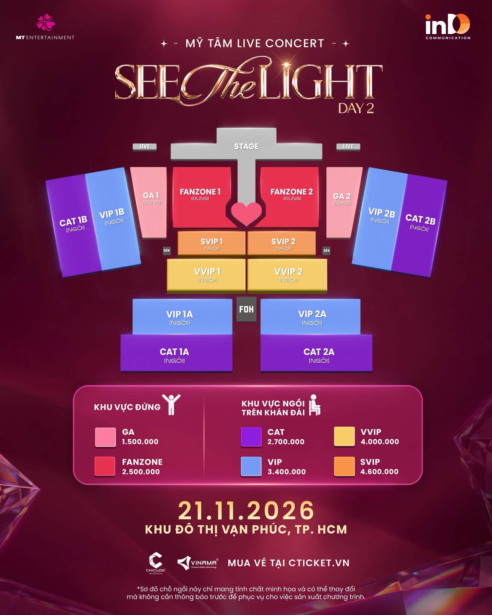 Sơ đồ khu vực chính thức của See The Light Day 2 với sân khấu chữ T, khu đứng Fanzone và GA, khu ngồi SVIP, VVIP, VIP, CAT cùng bảng giá sáu hạng vé