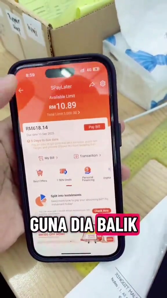 Skrin aplikasi SPayLater menunjukkan limit tersedia RM10.89, jumlah limit RM3,000 dan bil RM618.14