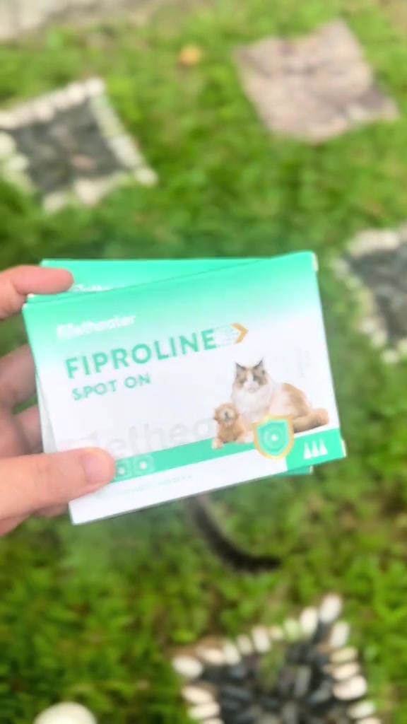 Kotak Fiproline Spot On dipegang tangan dengan latar rumput