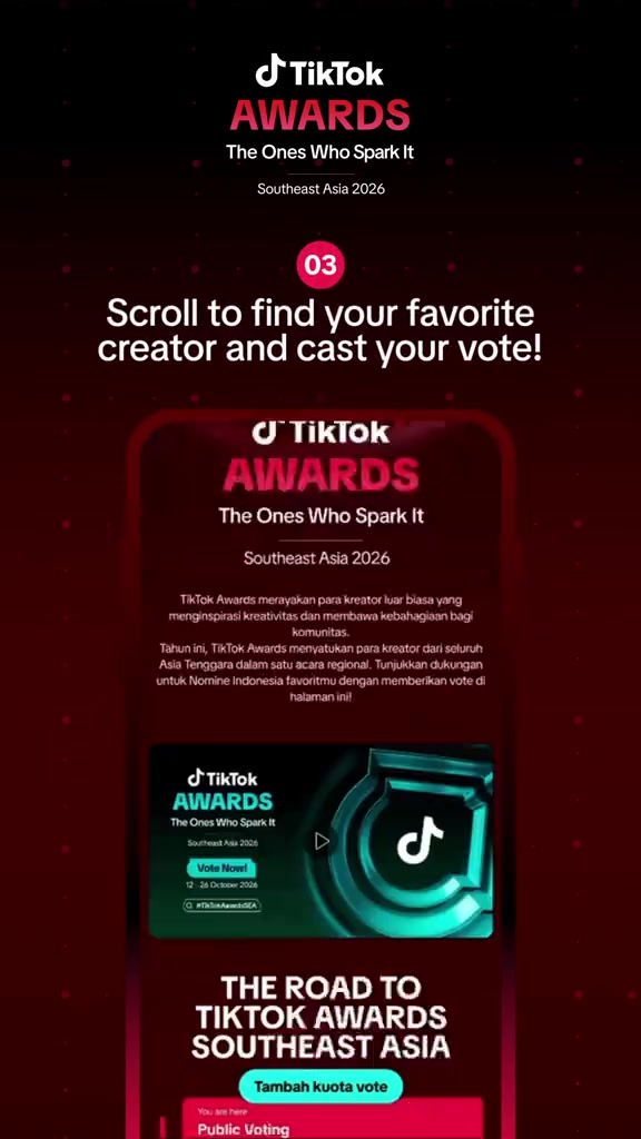 Màn hình hướng dẫn bước bình chọn TikTok Awards SEA 2026 với trang vote hiển thị mốc 12 đến 26/10/2026 và nút Vote Now