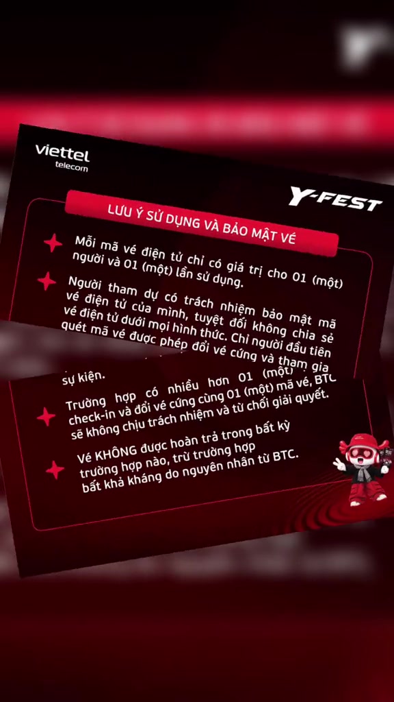 Card quy định sử dụng và bảo mật vé điện tử Y-FEST: mỗi mã vé giá trị một người, một lần, chỉ người quét mã đầu tiên được vào