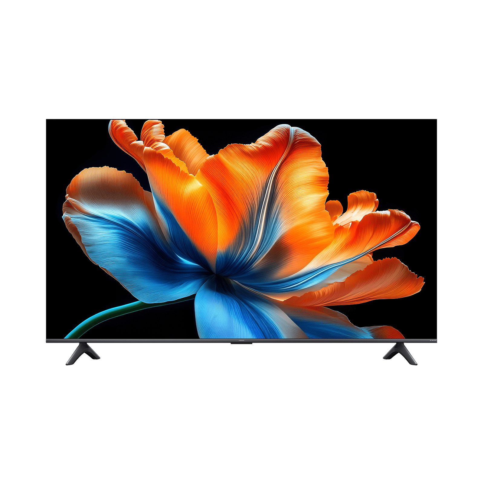 Gambar rasmi Xiaomi TV S Mini LED 2026 menunjukkan skrin dengan imej bunga berwarna jingga dan biru pada latar hitam