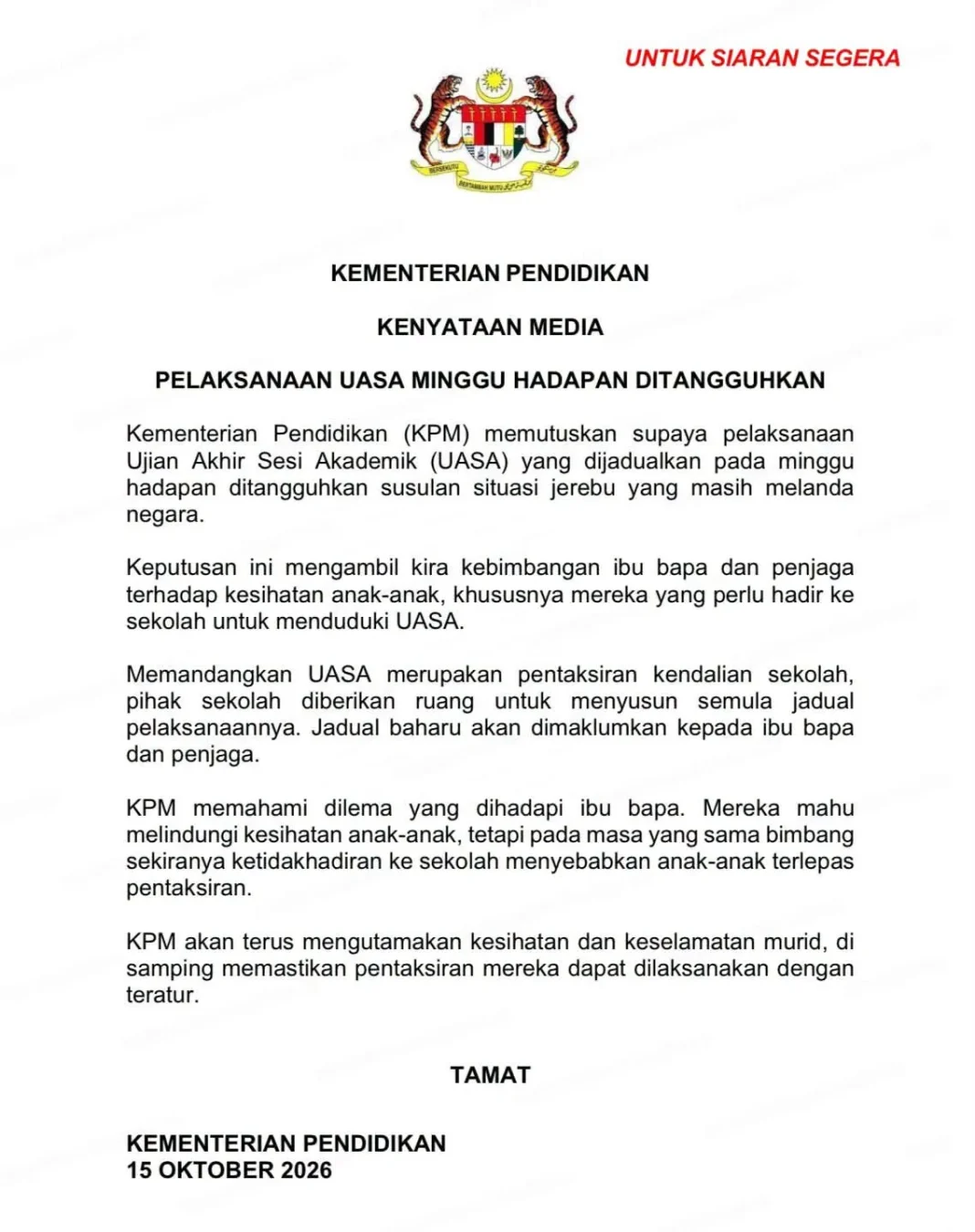 UASA Ditangguhkan Akibat Jerebu: Apa Yang Ibu Bapa Perlu Tahu