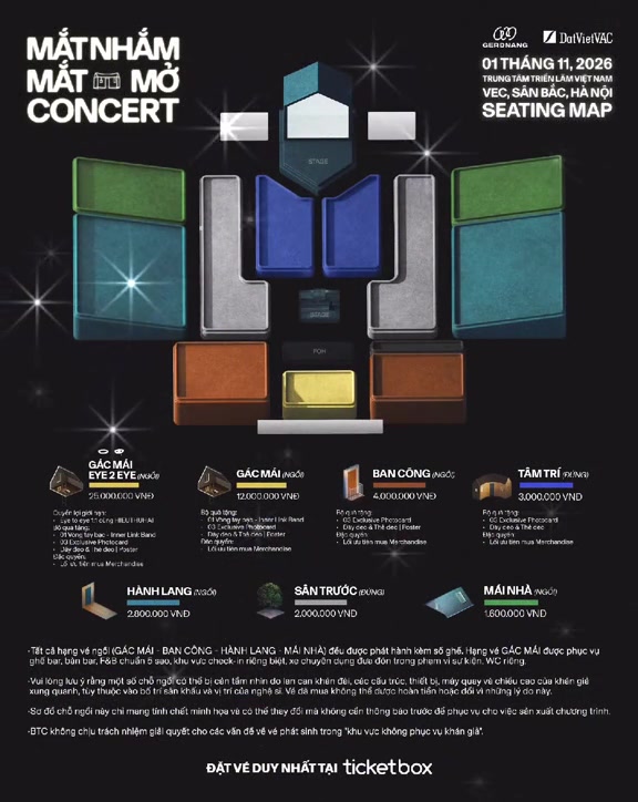 Sơ đồ chỗ ngồi chính thức concert Mắt Nhắm Mắt Mở Day 3 ngày 1/11/2026 tại Sân Bắc VEC với bảy khu vé tô màu và giá từng hạng từ 1.600.000 đến 25.000.000 đồng