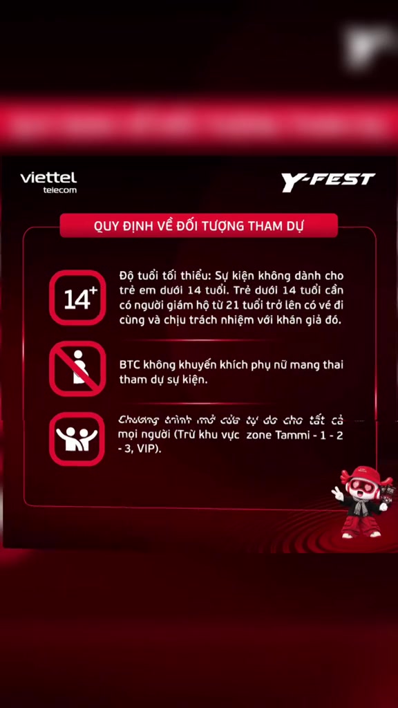 Card quy định đối tượng tham dự Y-FEST: nhãn 14+, trẻ dưới 14 tuổi phải có người giám hộ từ 21 tuổi, khu tự do mở cho mọi người trừ zone Tammi và VIP