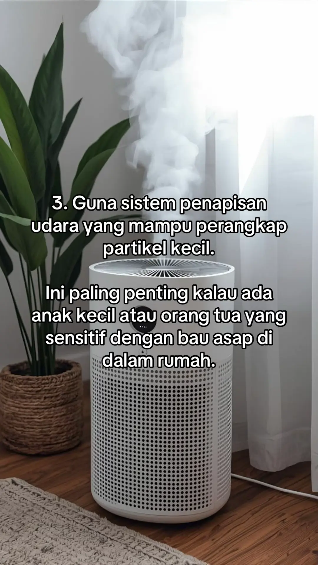 Kad tips musim jerebu dengan gambar penapis udara putih mengeluarkan wap halus di dalam bilik tidur