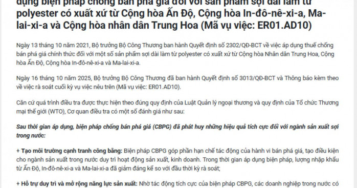 Gia hạn thuế chống bán phá giá sợi polyester: Lá chắn cho dệt may hay rào cản cạnh tranh?