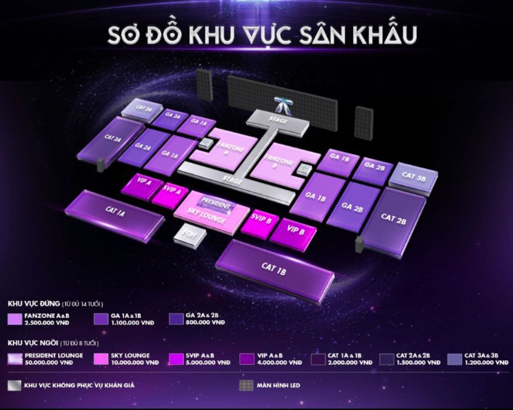 Sơ đồ khu vực sân khấu concert Tinh Hà Say Hi với các khu vé đứng, vé ngồi quanh runway và bảng giá từng hạng vé