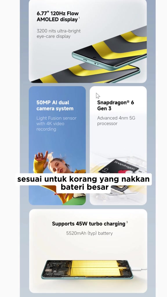 Graphic spesifikasi POCO M8 5G: skrin Flow AMOLED 120Hz 3,200 nits, kamera 50MP, Snapdragon 6 Gen 3, bateri 5,520mAh cas 45W