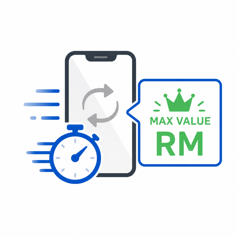 Grafik rasmi Switch menunjukkan phone dengan anak panah pusingan dan label Max Value RM untuk trade-in