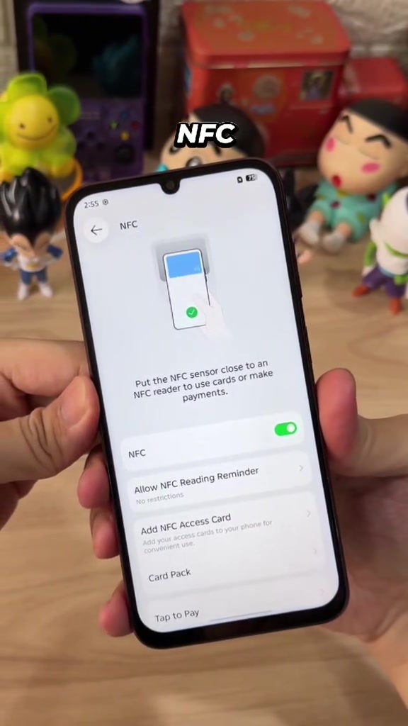 Skrin tetapan NFC pada Infinix Smart 20e menunjukkan suis NFC dihidupkan serta pilihan peringatan dan kad akses NFC