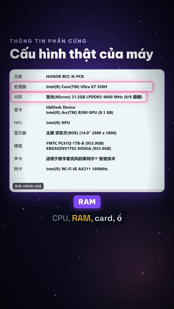 Bảng thông tin phần cứng thật của máy gồm main, CPU, RAM, card đồ họa, màn hình và ổ cứng
