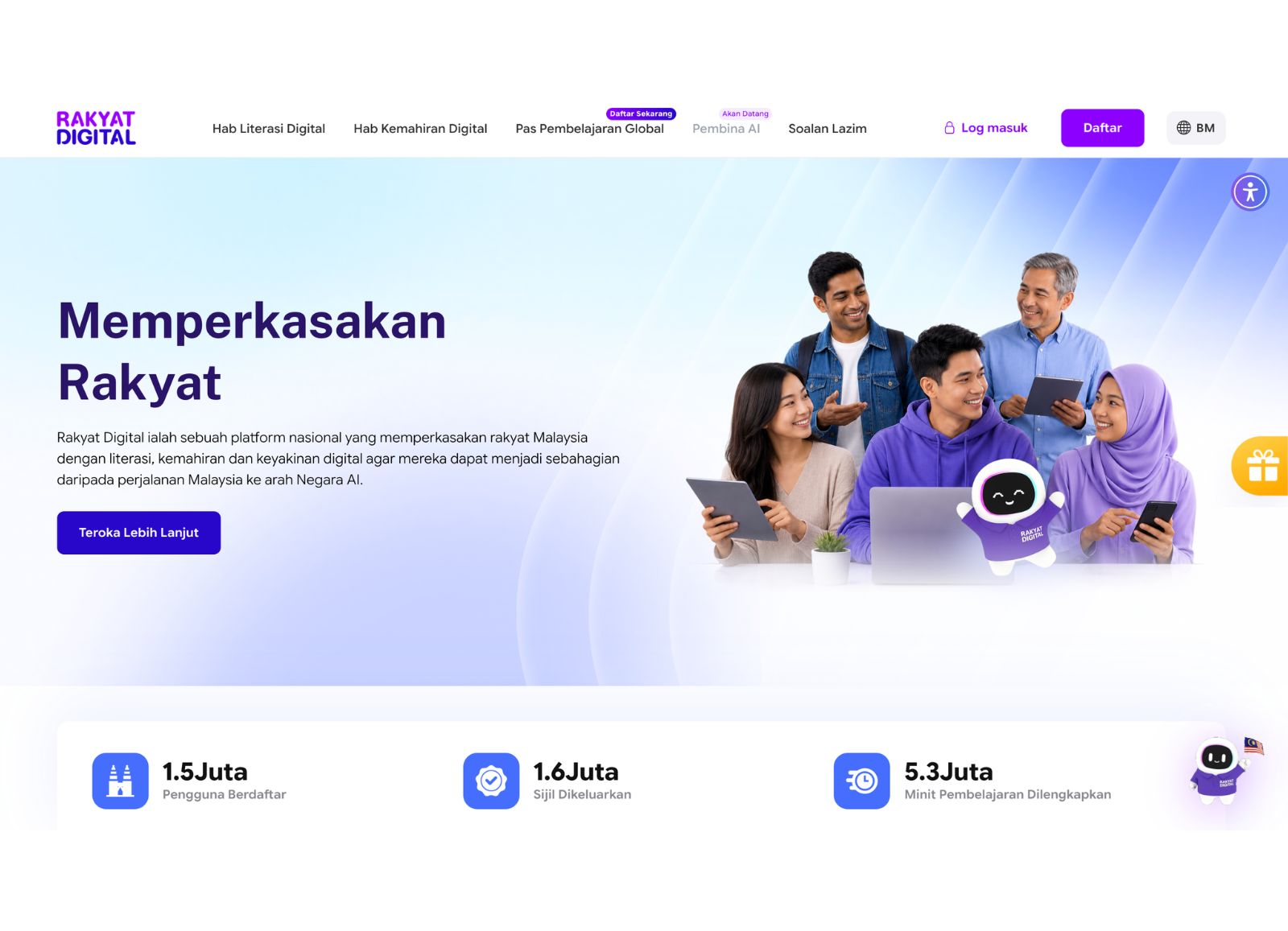 Tangkapan skrin laman rasmi platform Rakyat Digital dengan banner orang ramai memegang peranti serta statistik pengguna berdaftar dan modul pembelajaran.