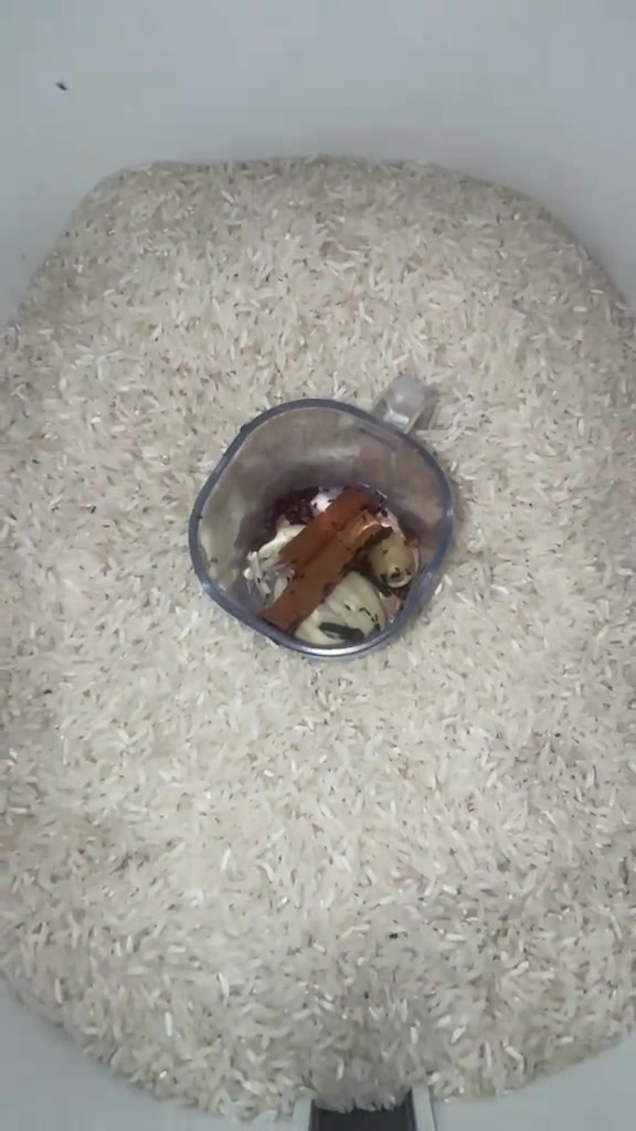 Bekas berisi penuh beras dengan mangkuk kecil di tengah, kelihatan titik hitam kutu beras di permukaan beras