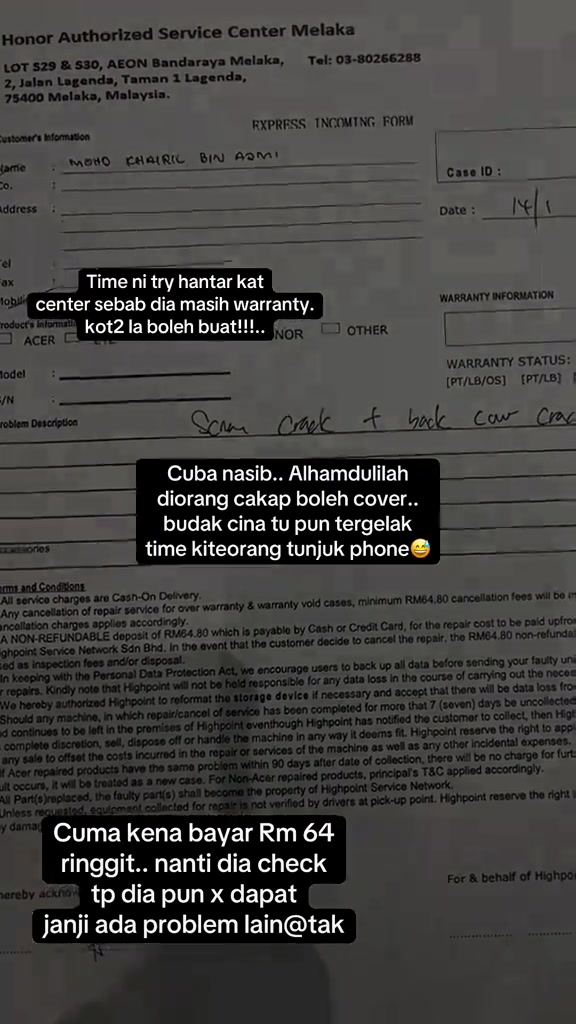 Borang baiki Honor Authorized Service Center Melaka dengan tulisan tangan 'Screen Crack + back cover Crack' dan terma deposit RM64.80