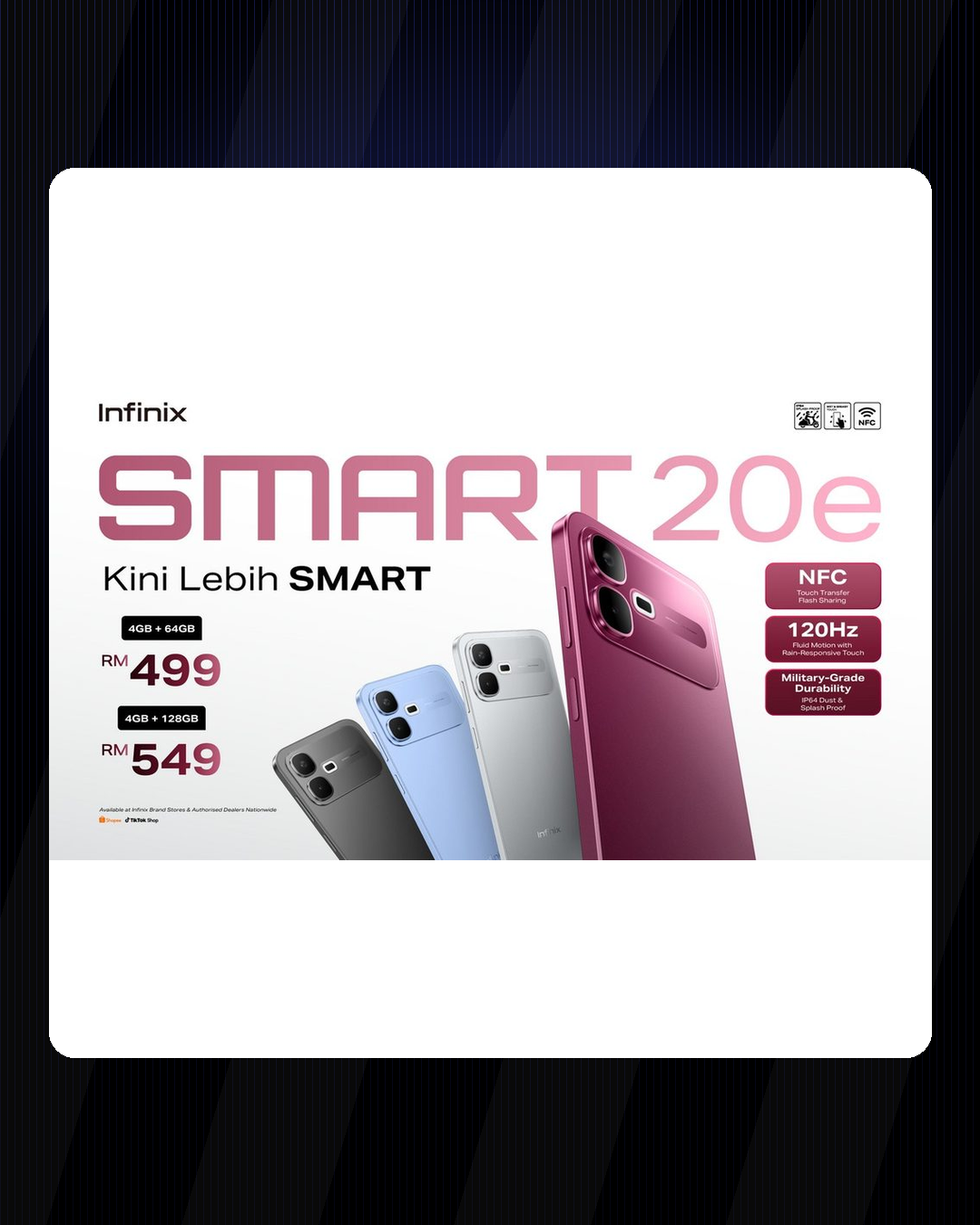 Grafik rasmi Infinix SMART 20e dengan harga Malaysia RM499 untuk 4GB+64GB dan RM549 untuk 4GB+128GB, bersama empat pilihan warna telefon.