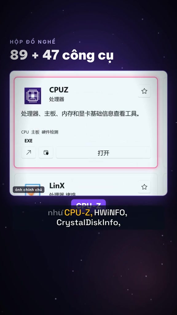 Giao diện hộp công cụ với dòng chữ 89 cộng 47 công cụ, thẻ CPU-Z hiện mô tả và nút mở