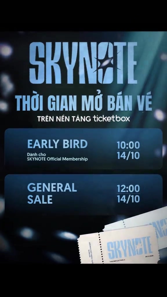 Đồ họa thời gian mở bán vé SKYNOTE 2026 trên nền tảng Ticketbox: early bird 10:00 ngày 14/10 cho SKYNOTE Official Membership và general sale 12:00 ngày 14/10