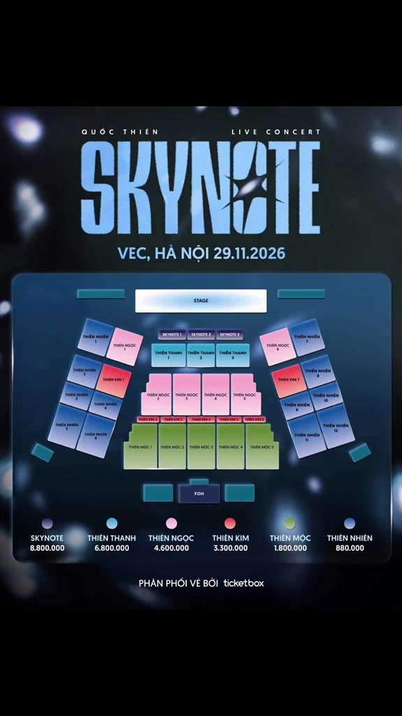 Giá vé concert SKYNOTE 2026 của Quốc Thiên: sáu hạng 880.000–8.800.000 đồng và cách mua trên Ticketbox