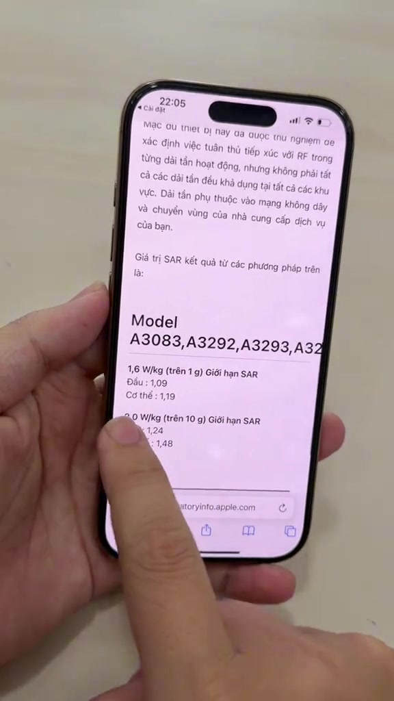 Màn hình iPhone hiển thị trang thông tin quản lý với giá trị SAR: giới hạn 1,6 W/kg trên 1 g với đầu 1,09 và cơ thể 1,19, cùng giới hạn 2,0 W/kg trên 10 g