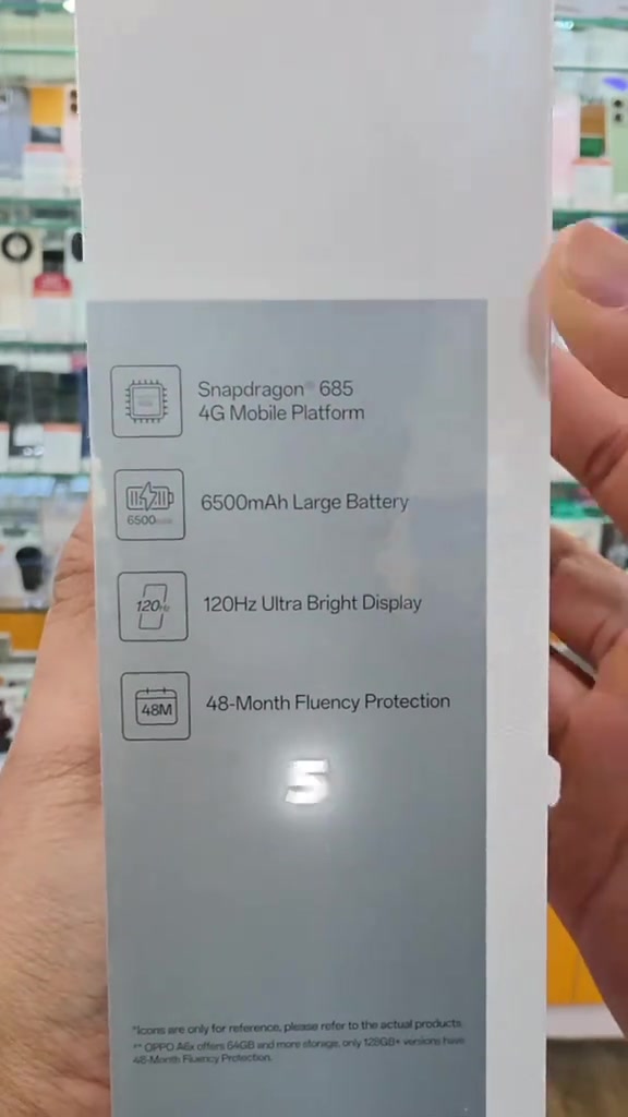 Sisi kotak OPPO A6x menyenaraikan Snapdragon 685 4G, bateri 6500mAh, paparan 120Hz dan perlindungan kelancaran 48 bulan