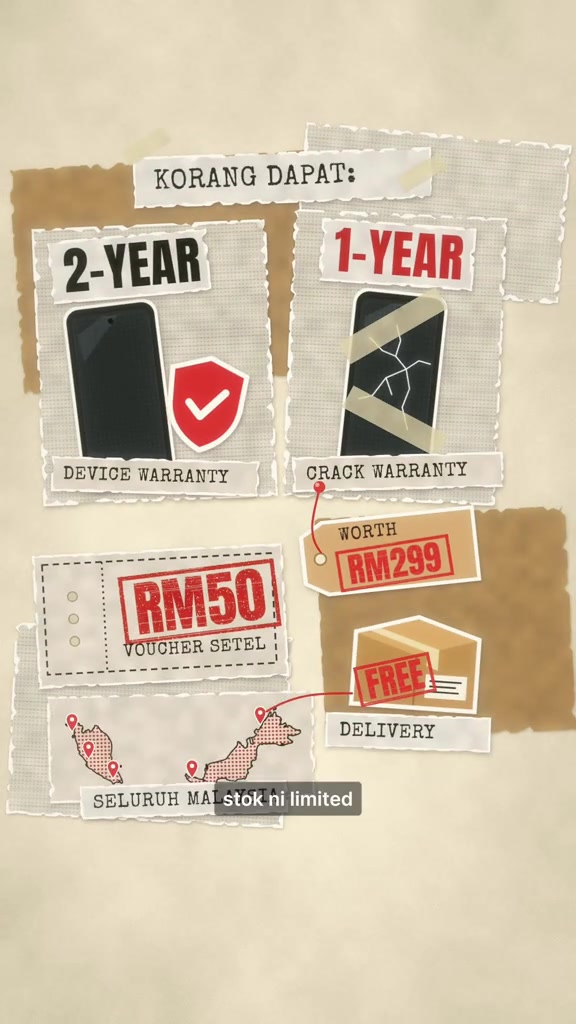 Infografik kandungan bundle phone: waranti peranti 2 tahun, waranti skrin retak 1 tahun bernilai RM299, baucar Setel RM50 dan penghantaran percuma seluruh Malaysia