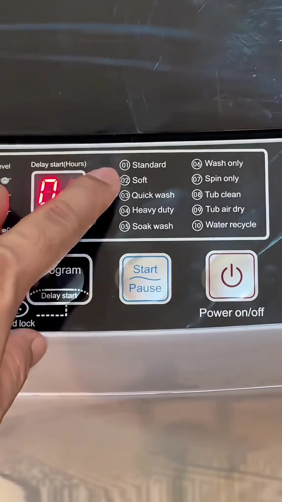 Panel program mesin basuh fully auto compact dengan 10 pilihan termasuk tub air dry dan water recycle