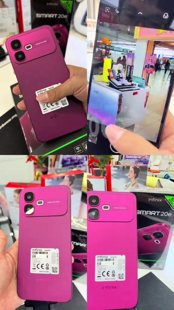 Kolaj gambar Infinix Smart 20e di kaunter kedai fizikal menunjukkan unit paparan dan kotak jualan