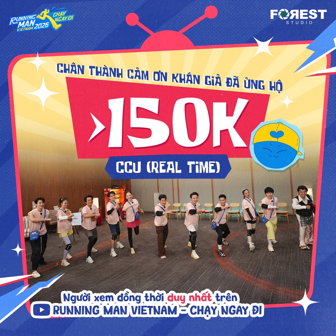 Đồ họa cảm ơn khán giả với dòng chữ 150K CCU real time phía trên ảnh rộng cả đội chơi tạo dáng trong phòng