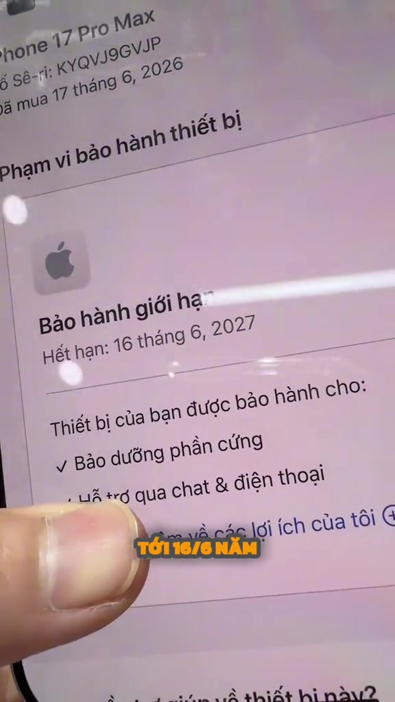 Màn hình iPhone hiển thị mục phạm vi bảo hành với hạn bảo hành giới hạn đến ngày 16 tháng 6 năm 2027