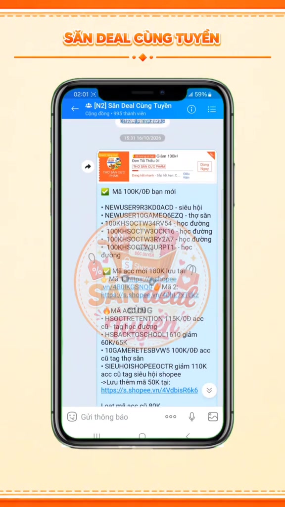 Màn hình nhóm Telegram săn deal khoảng 995 thành viên, bài đăng ngày 16/10/2026 liệt kê danh sách mã Shopee 100k đơn 0đ cho acc mới và mã 115k cho acc cũ kèm link rút gọn