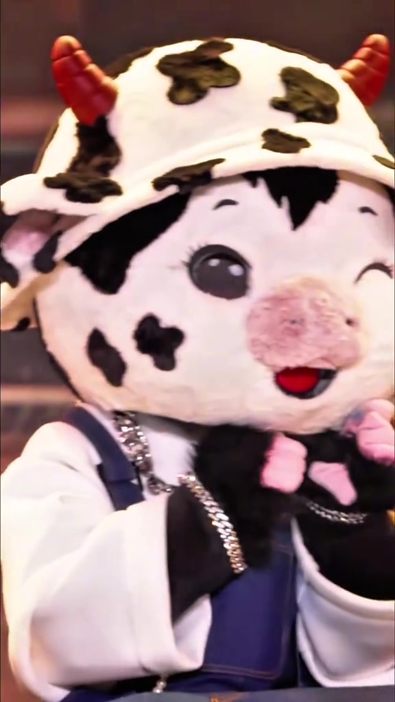 Cận cảnh mascot BÒ SỮA ACHU đầu bò sữa trắng đốm đen, đội mũ tai sừng, nháy mắt và đưa hai tay lên má