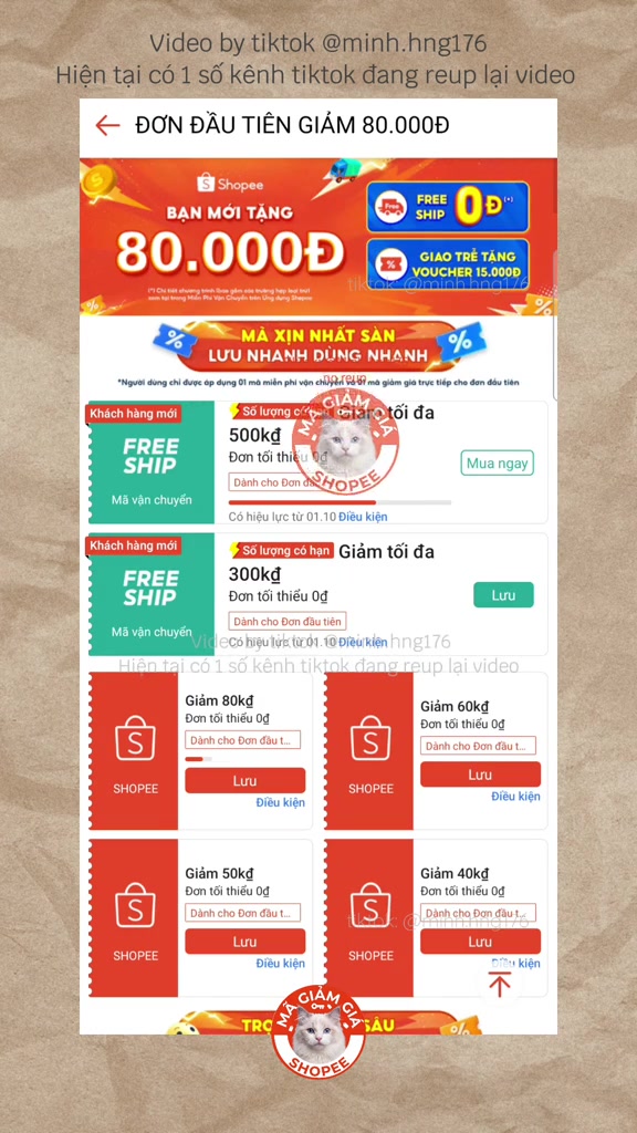 Trang ưu đãi khách hàng mới của Shopee: banner bạn mới tặng 80.000đ kèm freeship 0đ, dưới là mã khách hàng mới freeship giảm tối đa 500kđ đơn tối thiểu 0đ và các mã giảm 80k, 60k, 50k, 40k dành cho đơn đầu tiên