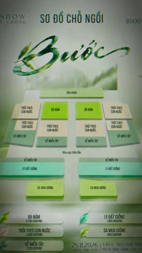 Giá vé liveshow BƯỚC Hồ Văn Cường 28/11/2026: bốn hạng đã hết, chỉ còn Trôi Theo Con Nước 2,8 triệu đồng