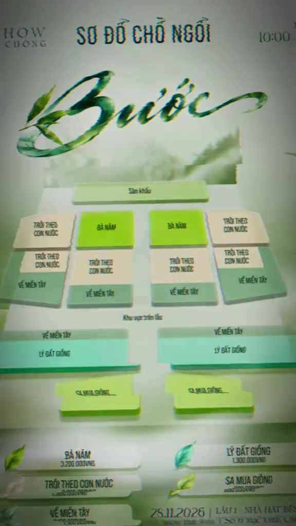 Sơ đồ chỗ ngồi liveshow BƯỚC: khu dưới sàn và khu vực trên lầu kèm bảng giá năm hạng vé từ 800.000 đến 3.200.000 đồng