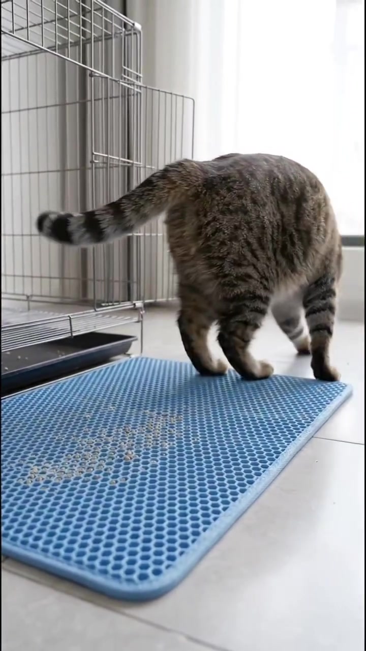 Kucing belang berjalan meninggalkan tikar honeycomb biru yang ada biji pasir tertinggal di atasnya