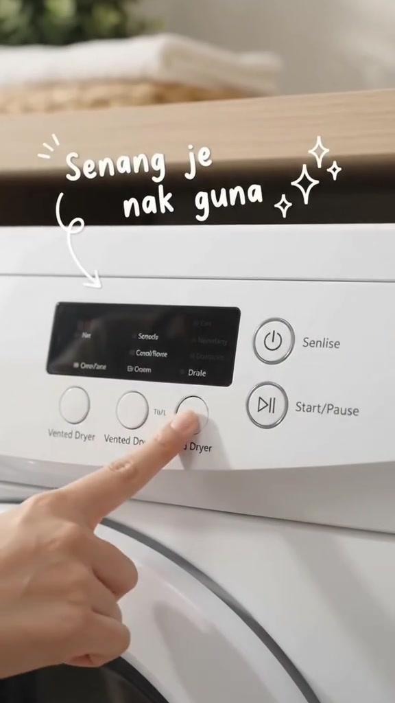 Jari menekan butang pilihan program pada panel kawalan dryer depan