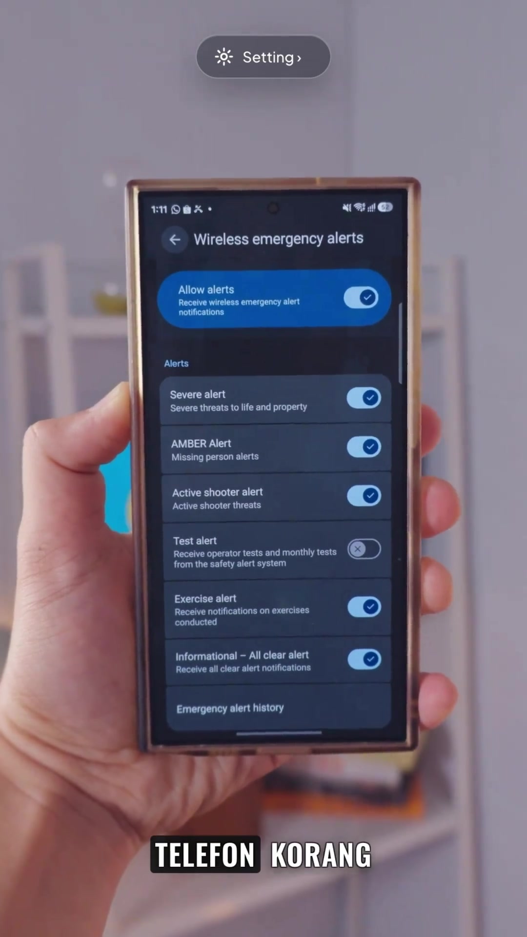 Tangan memegang telefon memaparkan skrin Wireless emergency alerts dengan senarai kategori amaran dan suis masing-masing