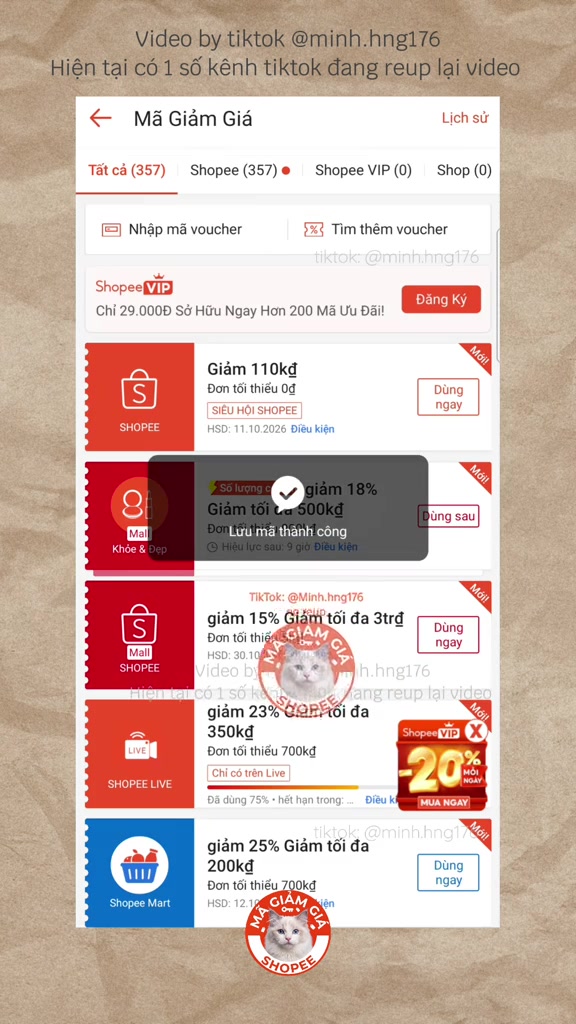 Ví mã giảm giá Shopee chứa 357 mã với nhiều hạn dùng khác nhau như 11/10/2026 và 30/10/2026, gồm mã siêu hội, mã live giảm 23% tối đa 350kđ và mã Shopee Mart