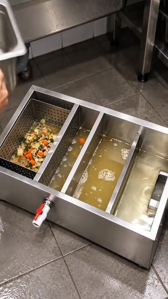 Grease trap stainless dengan beberapa ruang: bakul berlubang berisi sisa makanan dan ruang berisi air berminyak kuning