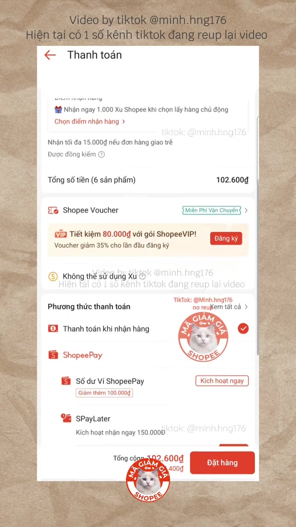 Màn hình thanh toán Shopee: tổng 6 sản phẩm 102.600đ, gợi ý tiết kiệm 80.000đ khi đăng ký gói ShopeeVIP, số dư ví ShopeePay giảm thêm 100.000đ và SPayLater kích hoạt nhận 150.000đ