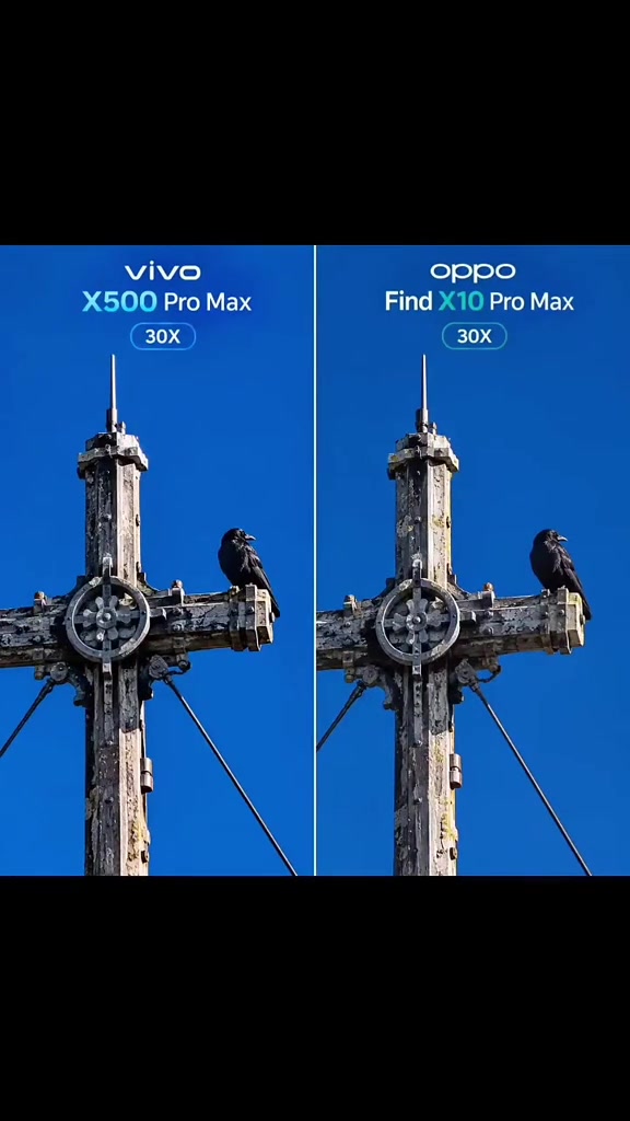 Ảnh so sánh zoom 30x giữa vivo X500 Pro Max và OPPO Find X10 Pro Max chụp cùng một cây thánh giá gỗ có quạ đậu