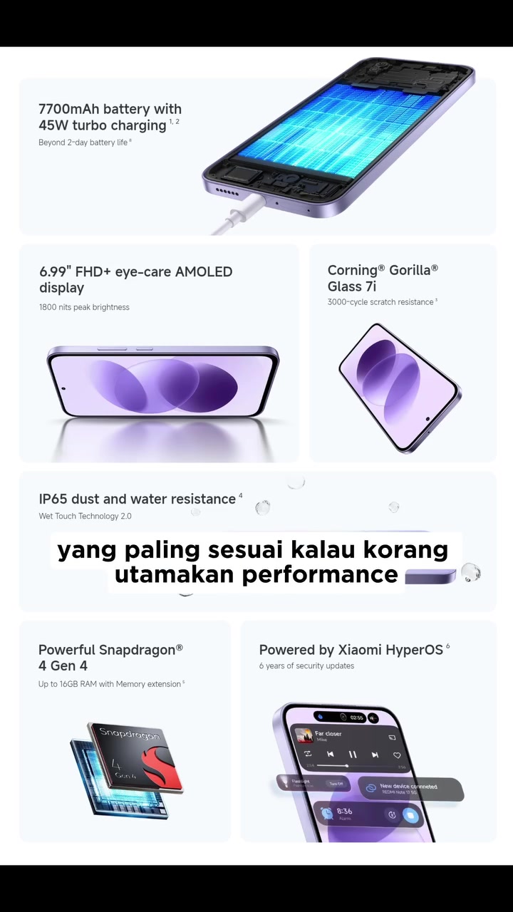 Grafik spesifikasi Redmi Note 17 5G: bateri 7700mAh cas 45W, skrin 6.99 inci AMOLED, Gorilla Glass 7i, IP65 dan Snapdragon 4 Gen 4