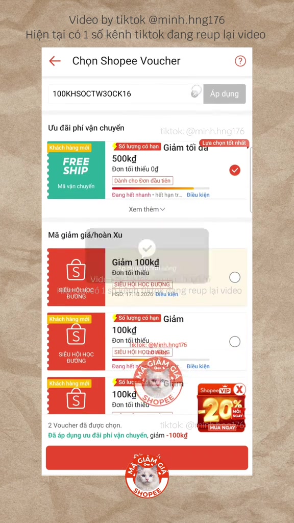 Màn hình chọn voucher khi thanh toán: ô nhập mã có dãy 100KHSOCTW30CK16, mã khách hàng mới freeship giảm tối đa 500kđ đơn 0đ được tick, dòng xác nhận đã áp dụng ưu đãi phí vận chuyển giảm 100kđ